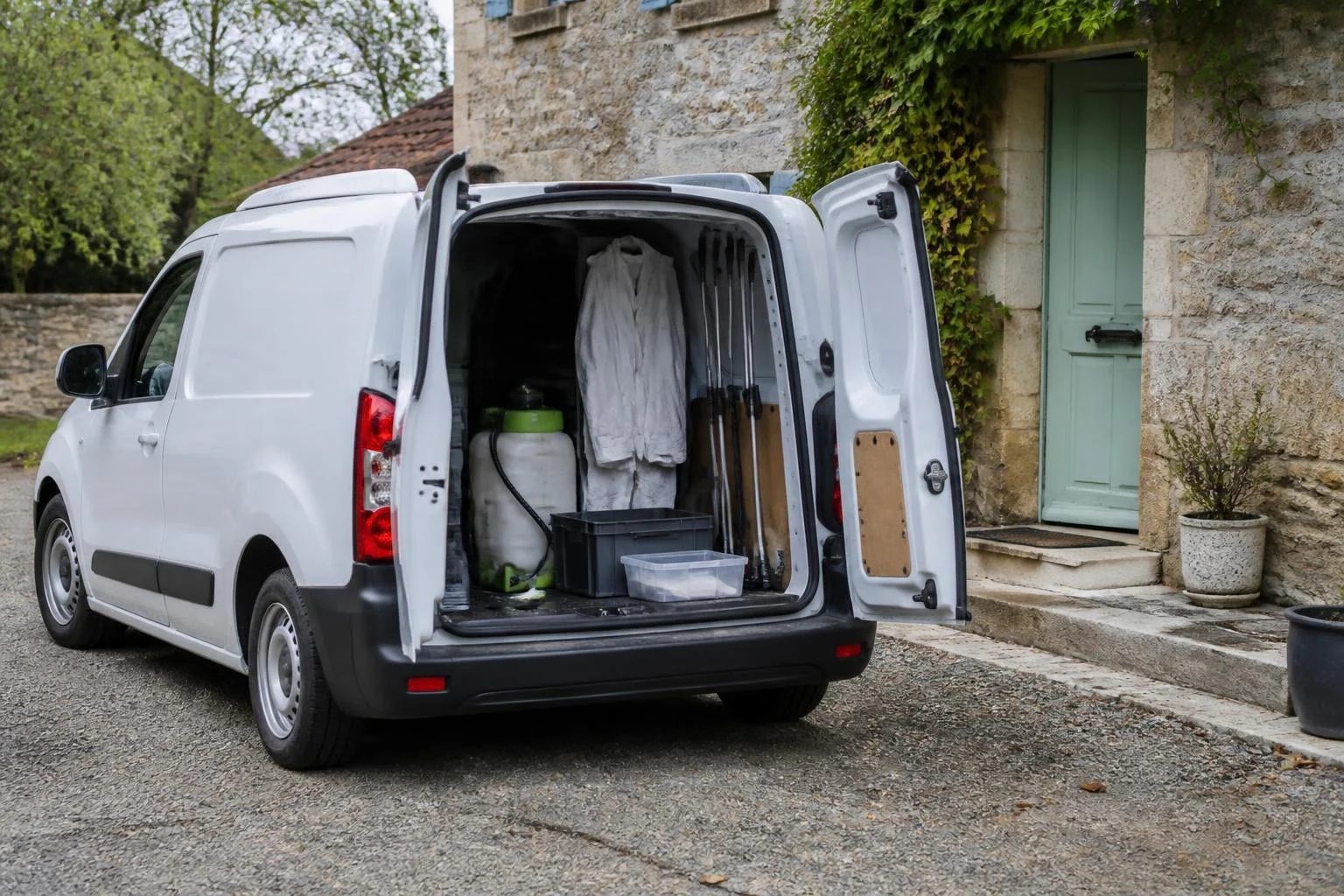 Illustration : camionnette d'un désinsectiseur avec son matériel, devant une maison de village, intervention dans le Bas-Rhin