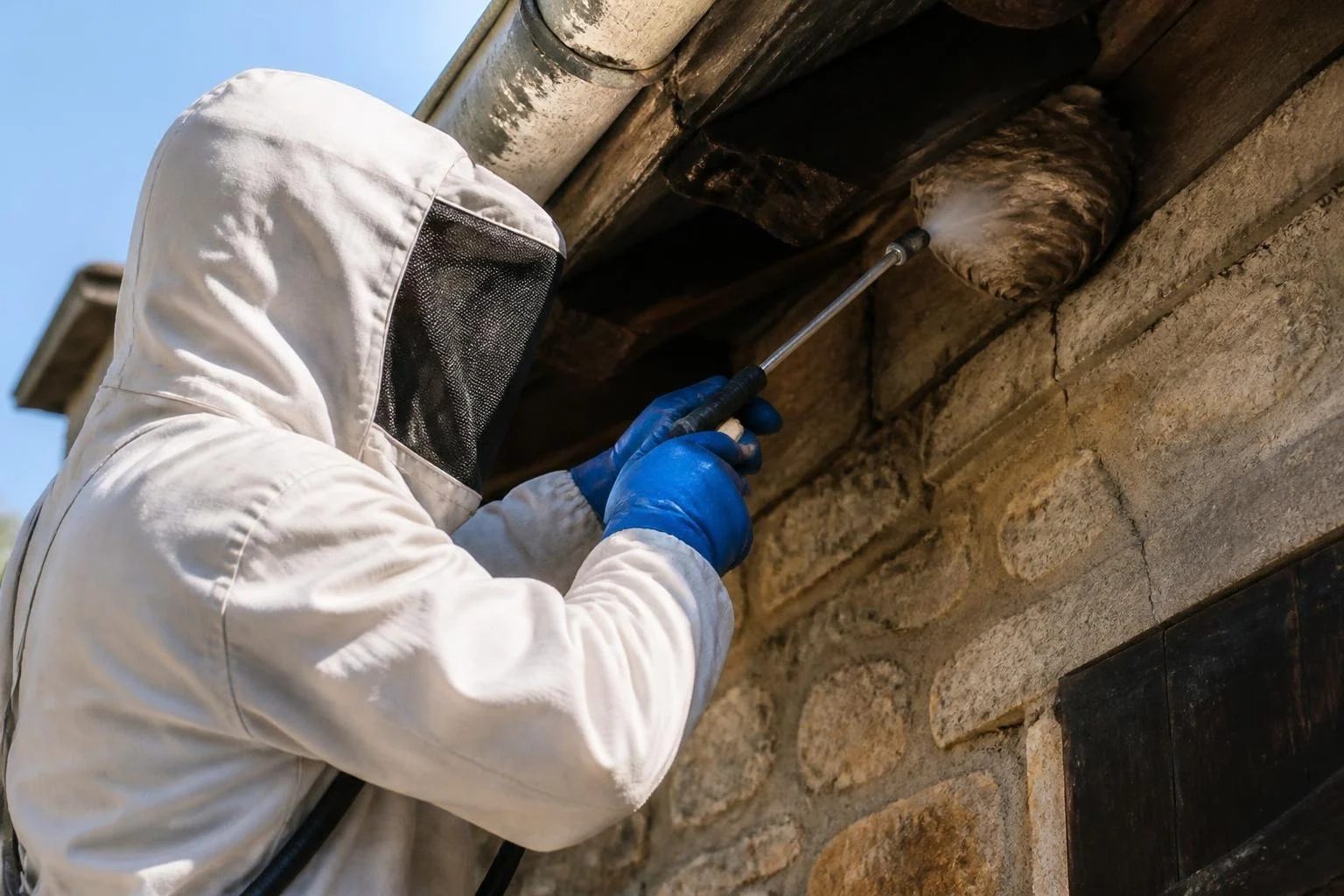Illustration : professionnel en tenue de protection traitant un nid sous l'avant-toit d'une maison en pierre, intervention dans le Bas-Rhin