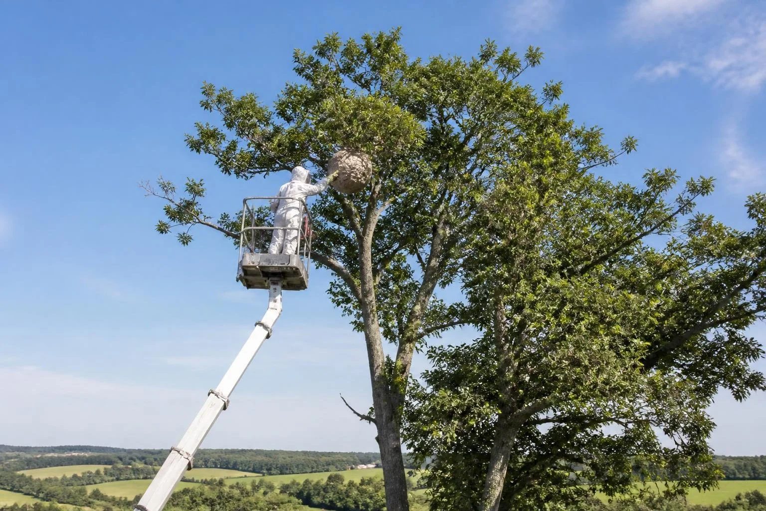 Illustration : intervention en nacelle sur un nid placé en haut d'un grand arbre, intervention dans le Bas-Rhin