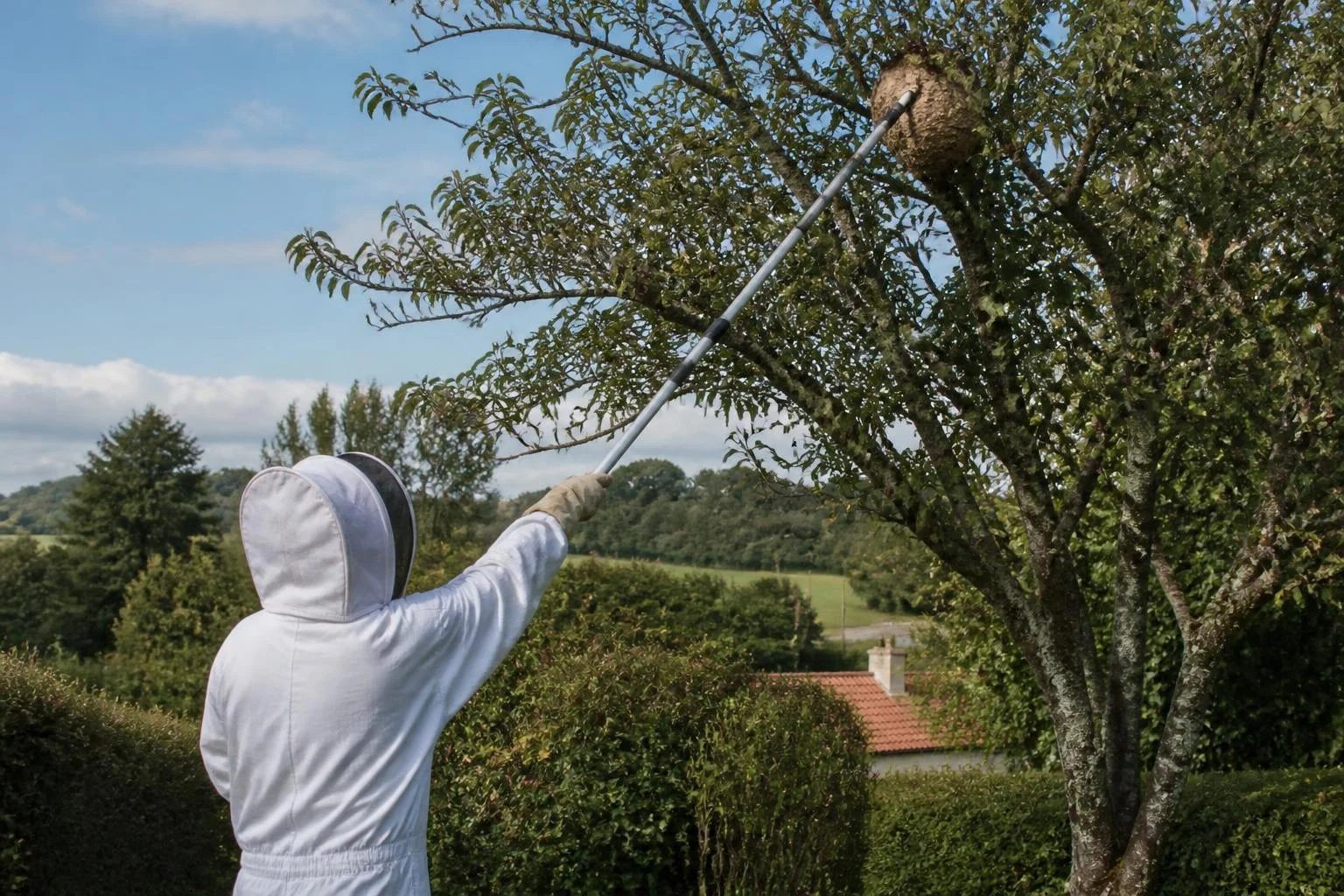 Illustration : désinsectiseur en combinaison traitant un nid dans un arbre avec une perche télescopique, intervention dans le Bas-Rhin
